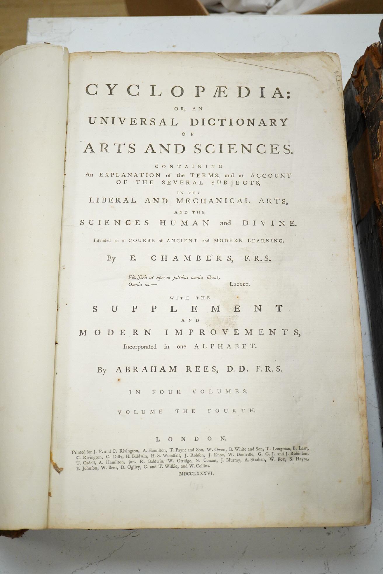 Chambers, Ephraim - Cyclopaedia: or, an Universal Dictionary of Arts and Sciences ... With the Supplement and Modern Improvements ... by Abraham Rees. 4 vols. and the plates vol. mixed editions. frontis. and 148 plates;